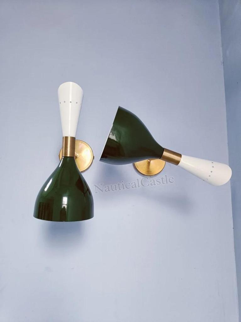 1950s Italian Brass Wall Sconce Pair: Mid-Century Malachite Green Diablo Lights