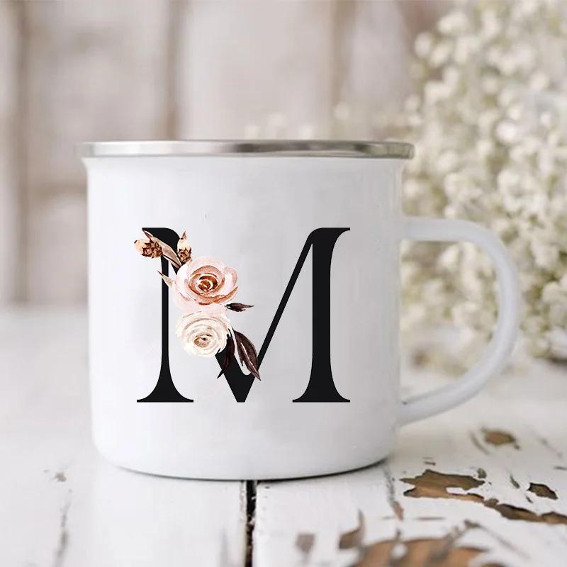 Initial Letter Print Mugs Enamel Creative Coffee Cups Drinks Wine Juice Milk Cup Vintage Home Office Handle Drinkware Best Gifts