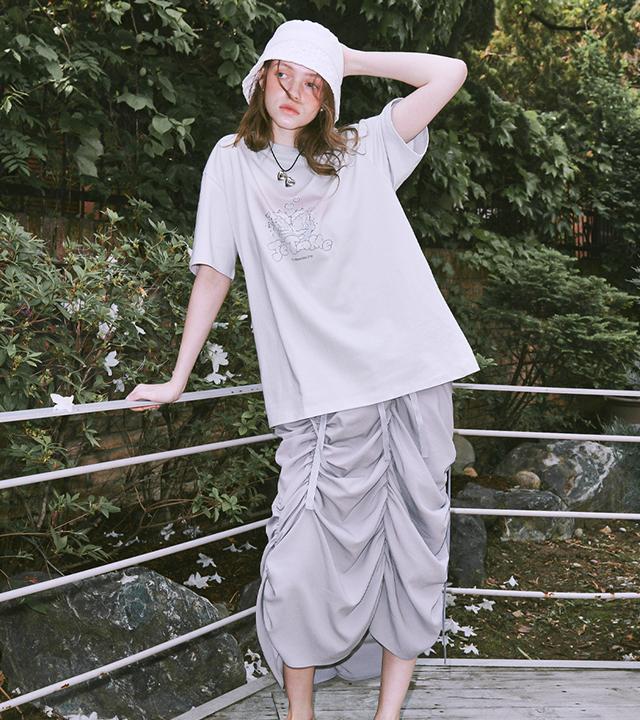 Ronron Shirring Ribbon Long Skirt Light Gray
