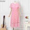 ZANZEA Women Casual Round Neck Short Sleeve Elegant Lace Long Dress