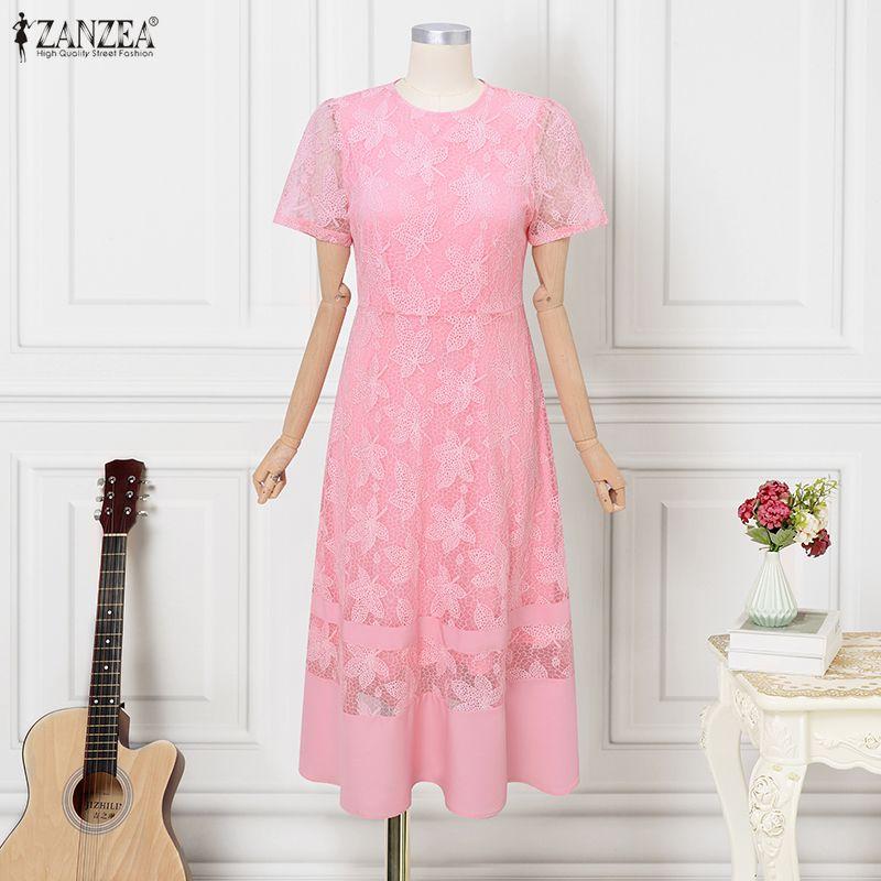 ZANZEA Women Casual Round Neck Short Sleeve Elegant Lace Long Dress