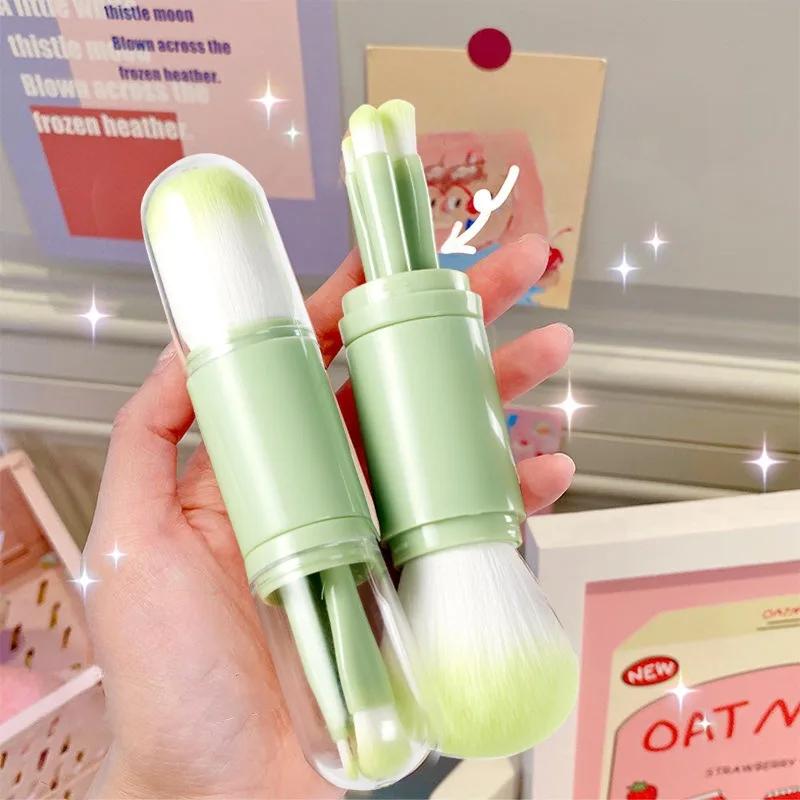 

Набор кистей для макияжа 4 в 1, выдвижная кисть кабуки и 3 маленькие кисти для глаз с мягкой маленькой портативной кистью для подкраски макияжа зелёный