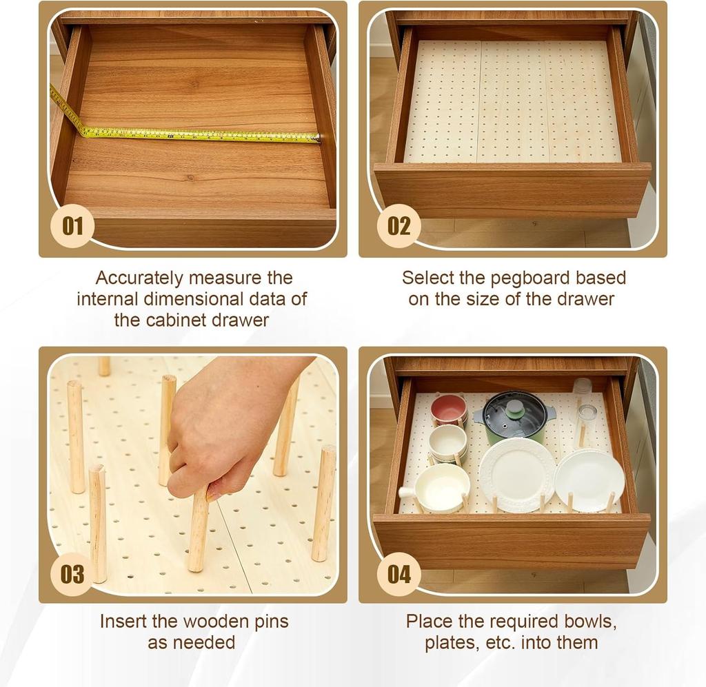 Wood Pegboard Drawer Organizer Storage Sturdy Organization Dish and Plate Organizer Peg Board System Adjustable for Utensils
