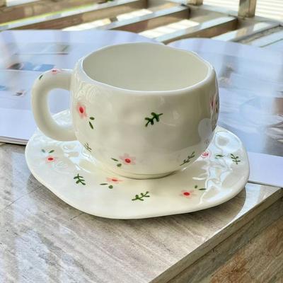 Wind Hand-squeezed Ceramic Coffee Cup and Saucer Set, Hand-painted Flowers, Cute Mugs, High Value