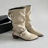 Fashion Autumn Winter Women Western Cowboy Boots Vintage Slip On Thick Heel Shoes Ladies Mid Calf Botas Zapatos De Mujer