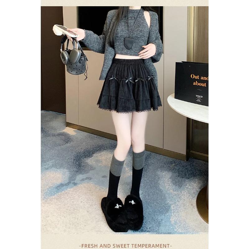 Women's Bow Skirt Spring French Sweet High Waist Cake Lace Puffy A Short Skirts