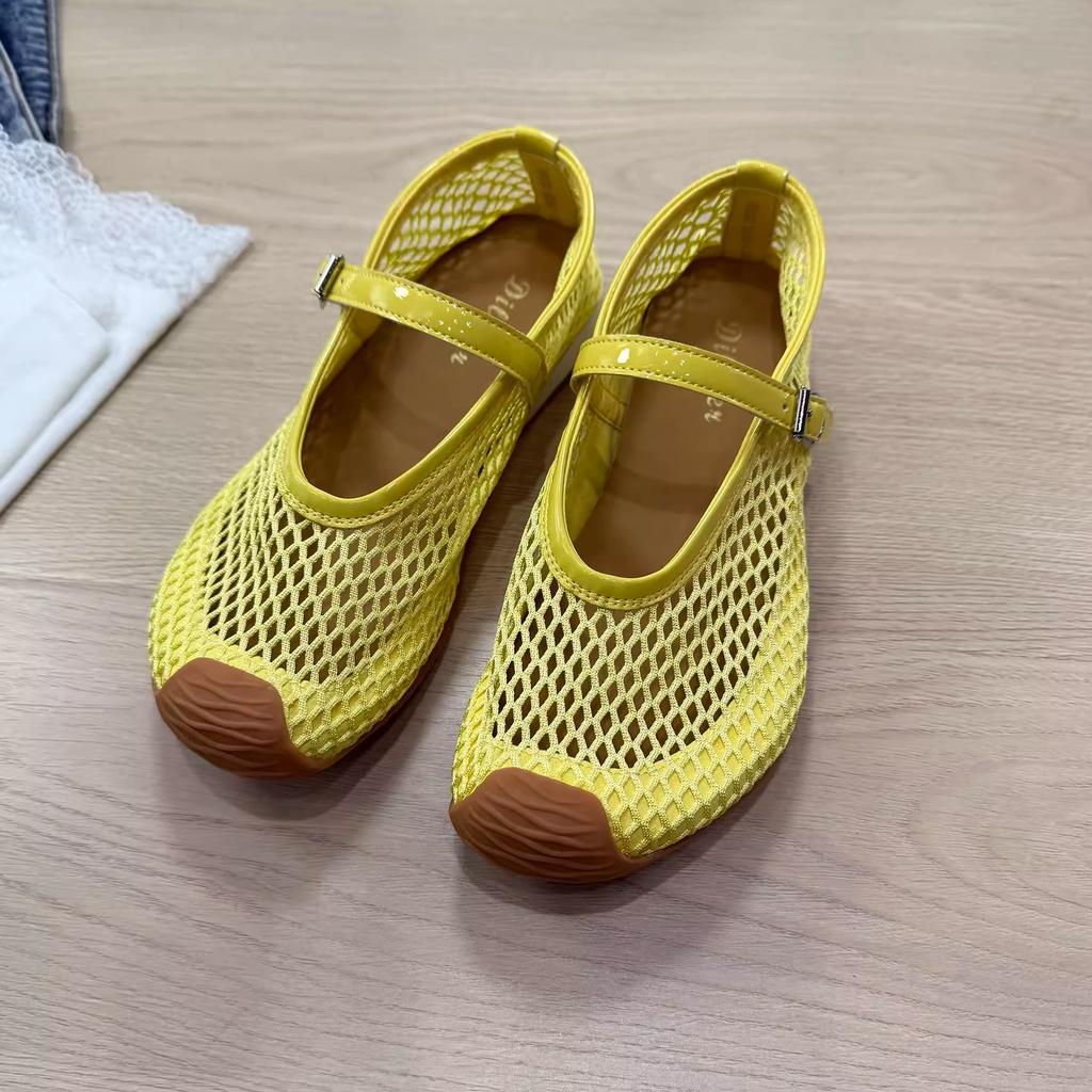 Summer hollow mesh ballet single shoes women's soft sole 2025 new one-word strap flat heel breathable Mary Jane sandals