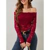 Pure Desire Spice One Line Neck Lace Top Women's New Sexy Slim V-neck with Elegant Off-the-shoulder Long Sleeve T-shirt