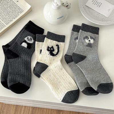 Female Spring and Autumn All Pitch Yarn Flocking Cartoon Cute Animal College Wind Tube Cotton Socks