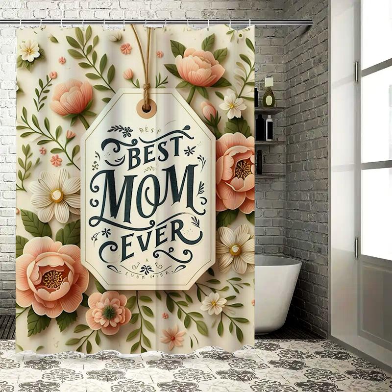 Elegant 'Best Mom Ever' Floral Design Waterproof Shower Curtain for Modern Bathroom Decor, Stylish and Durable