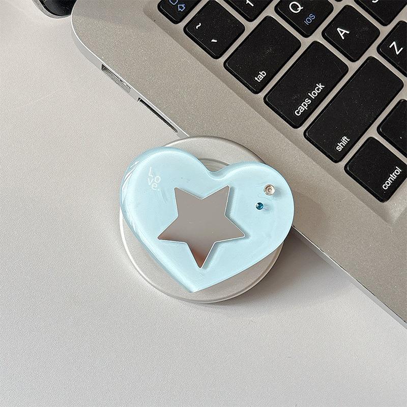 Heart-shaped Rhinestone Star Mirror Phone Holder with Magnetic Finger Ring