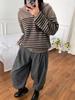 Women's French Retro Striped Half-Zip Knit Sweater - High Neck, Loose Fit for Autumn/Winter