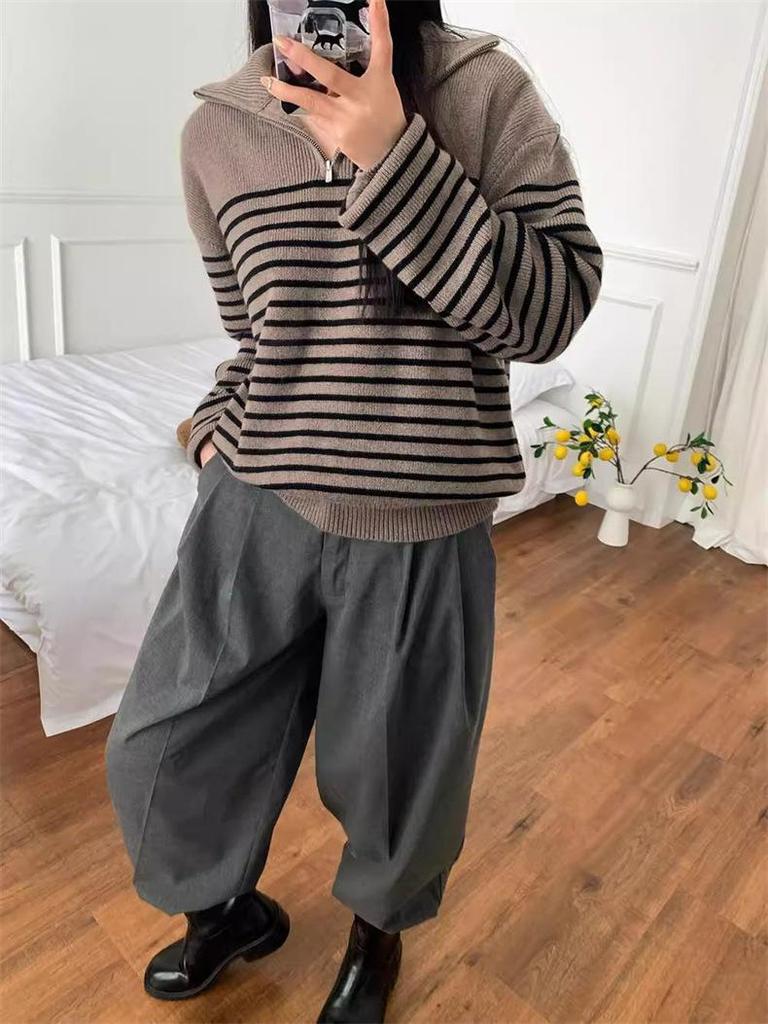 Women's French Retro Striped Half-Zip Knit Sweater - High Neck, Loose Fit for Autumn/Winter