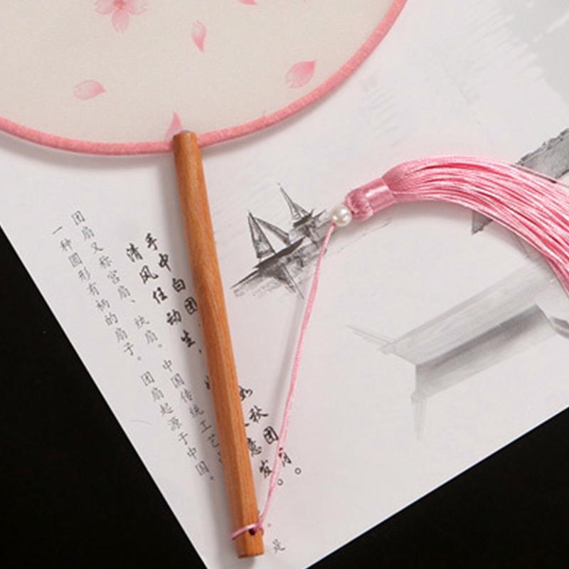 1PC Court Classical Printed Tassel Long Handle Circular Fans Round Fan Wedding