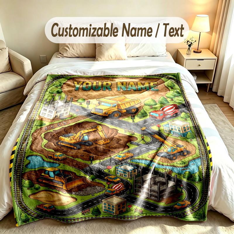 Construction Vehicles Theme Custom Blanket Personalized Name & Text Customized Soft Warm Throw Blanket Home Decor