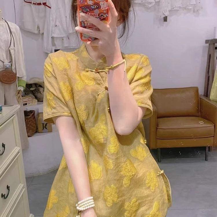 

2025 лето летние модели верхняя одежда стойка воротник боковая застежка универсальный топ с коротким рукавом универсальная футболка женская M [Recommended below 50kg]