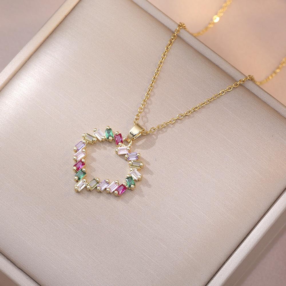 Cute Female Rainbow Zircon Stone Skeleton Heart Pendant Necklace Gold Color Wedding Jewelry For Women