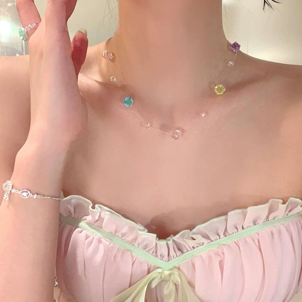 Dopamine Colorful Fishline Necklace With Geometric Beads Clavicle Chain New Necklace Summer 01