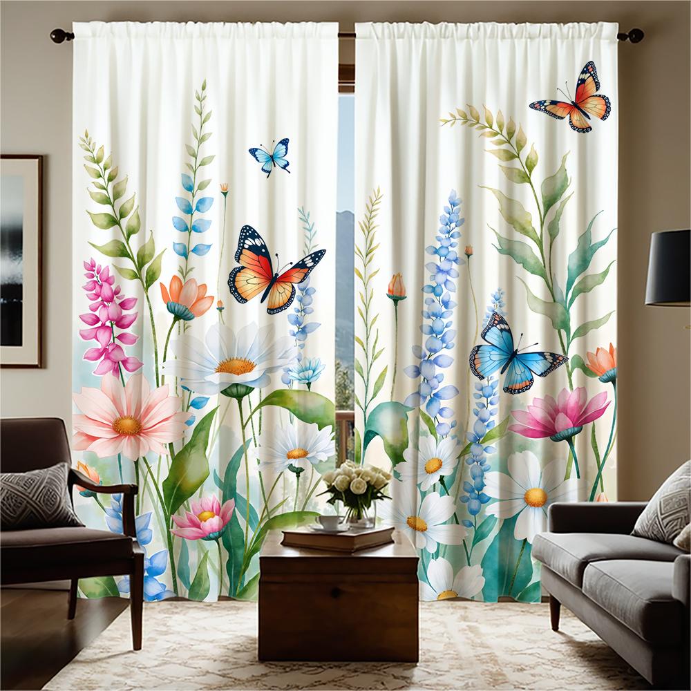 Piece Set High Definition Digital Printed Curtainwatercolor Floral Butterflies Pastel Colors Curtain Stylehome With Rod Pocket Polyester