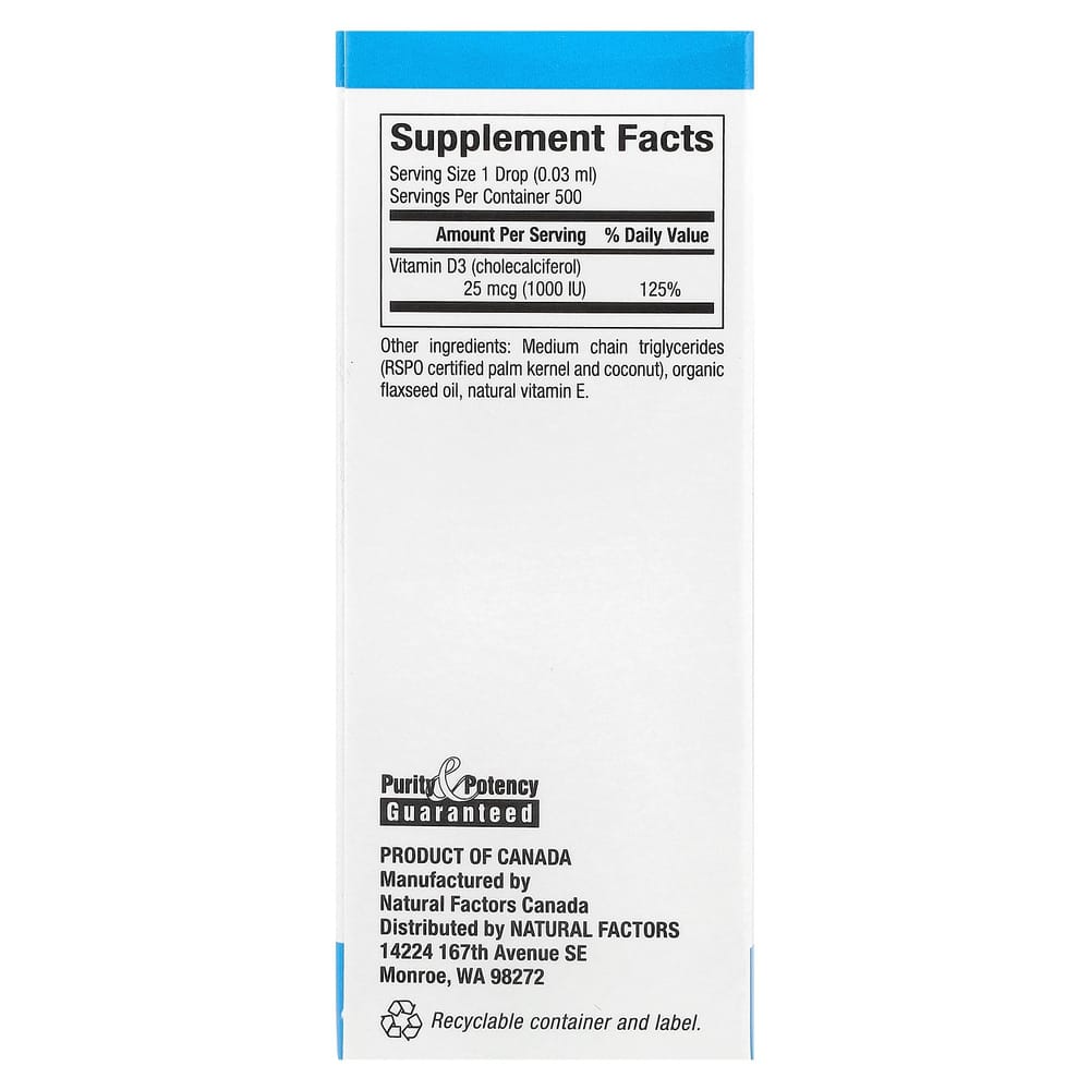 Natural Factors Vitamin D3 Drops Unflavored 25mcg (1000IU) 15ml (0.5 fl oz)