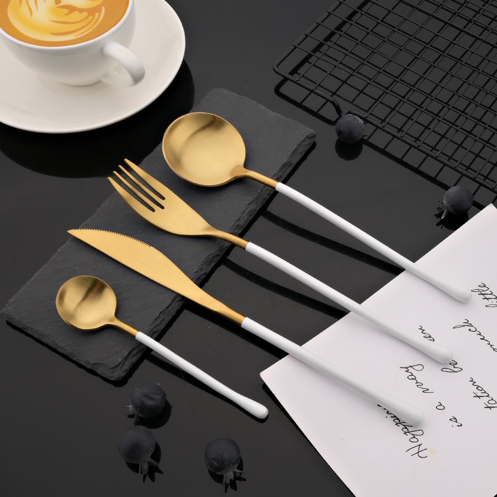 4Pcs White Gold Cutlery 18/10 Stainless Steel Dinnerware Set Spoon Fork Knife Western Home Silverware Tableware Set Supplies