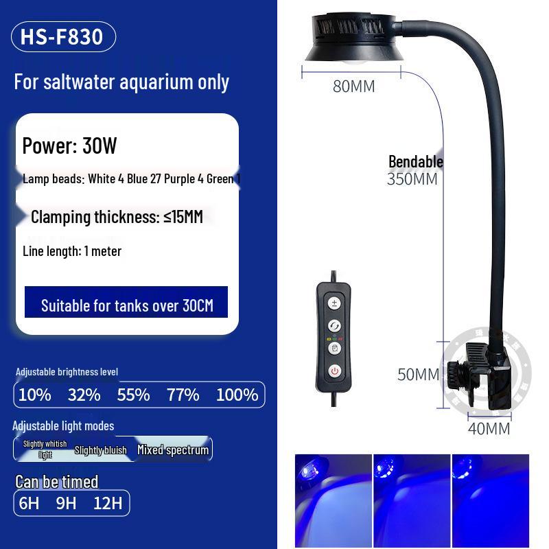 LED Marine Aquarium Light with Dimming and Timer for Saltwater Tanks, Clownfish & Coral, Blue/White Clip-on with Enhanced Blue Light