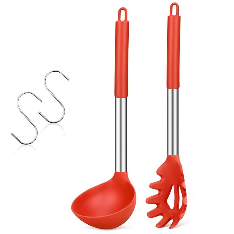 Silicone Pasta Fork and Ladle Spoon Set Large Nonstick Kitchen Utensils with Stainless Steel Handle For Cooking Draining JT594