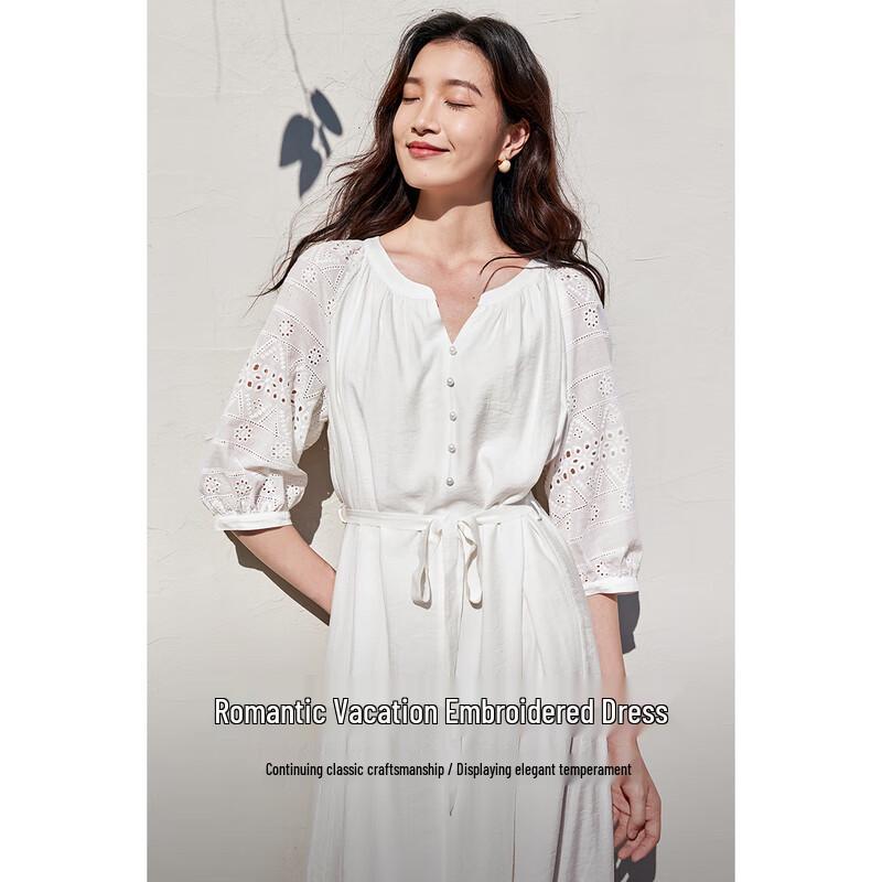 

Shangdu Bila Women s V-Neck A-Line Resort Dress with Three-Quarter Sleeves and Embroidery M