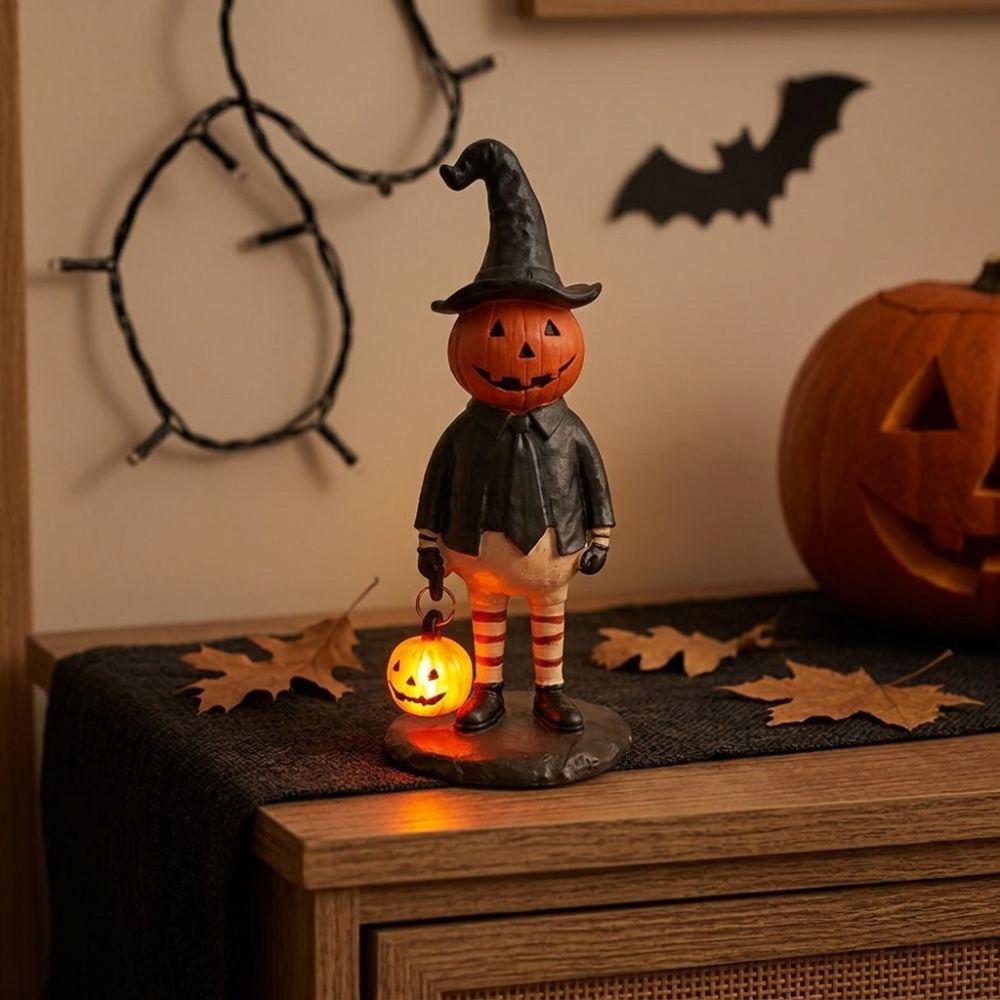 Harz Kürbismann Tischstatue Leuchtende LED Kürbiskopf Leuchte Halloween Party
