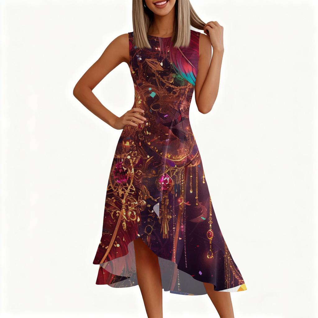 Women's Fashion Casual Sleeveless Round-Neck Printed Ruffled Dress with Zipper