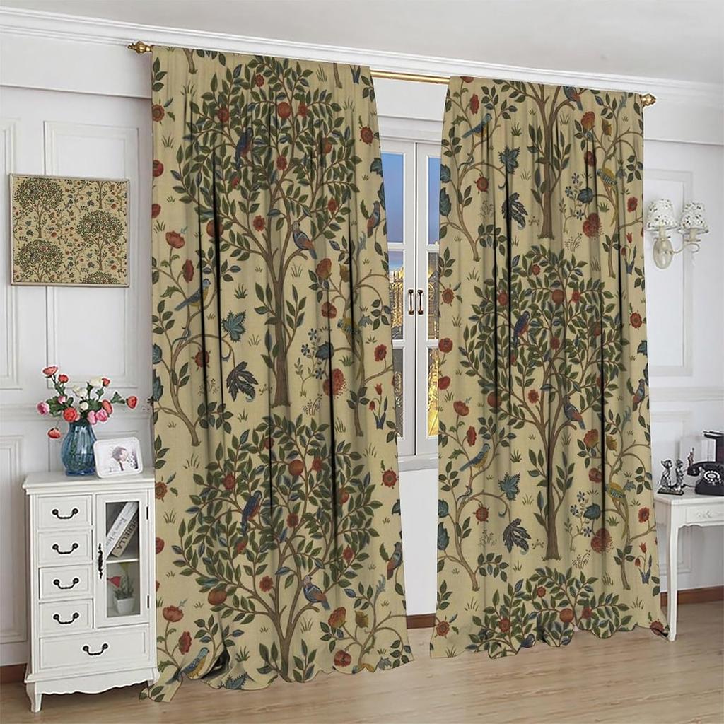 Vintage Zasłony Okienne zaciemniające William Morris Forest   Rustykalne Boho Zasłony Okienne z Ptakami i Roślinami   do Salonu Sypialni 21(W)*45(L