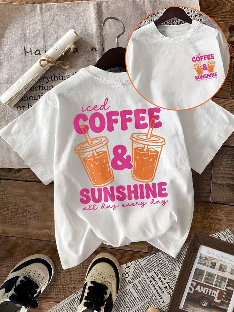 Iced Coffee Sunshine Graphic Tshirt Front Back Printed Casual Loose Crew Neck Short Sleeve Allseason Daily Casual Top