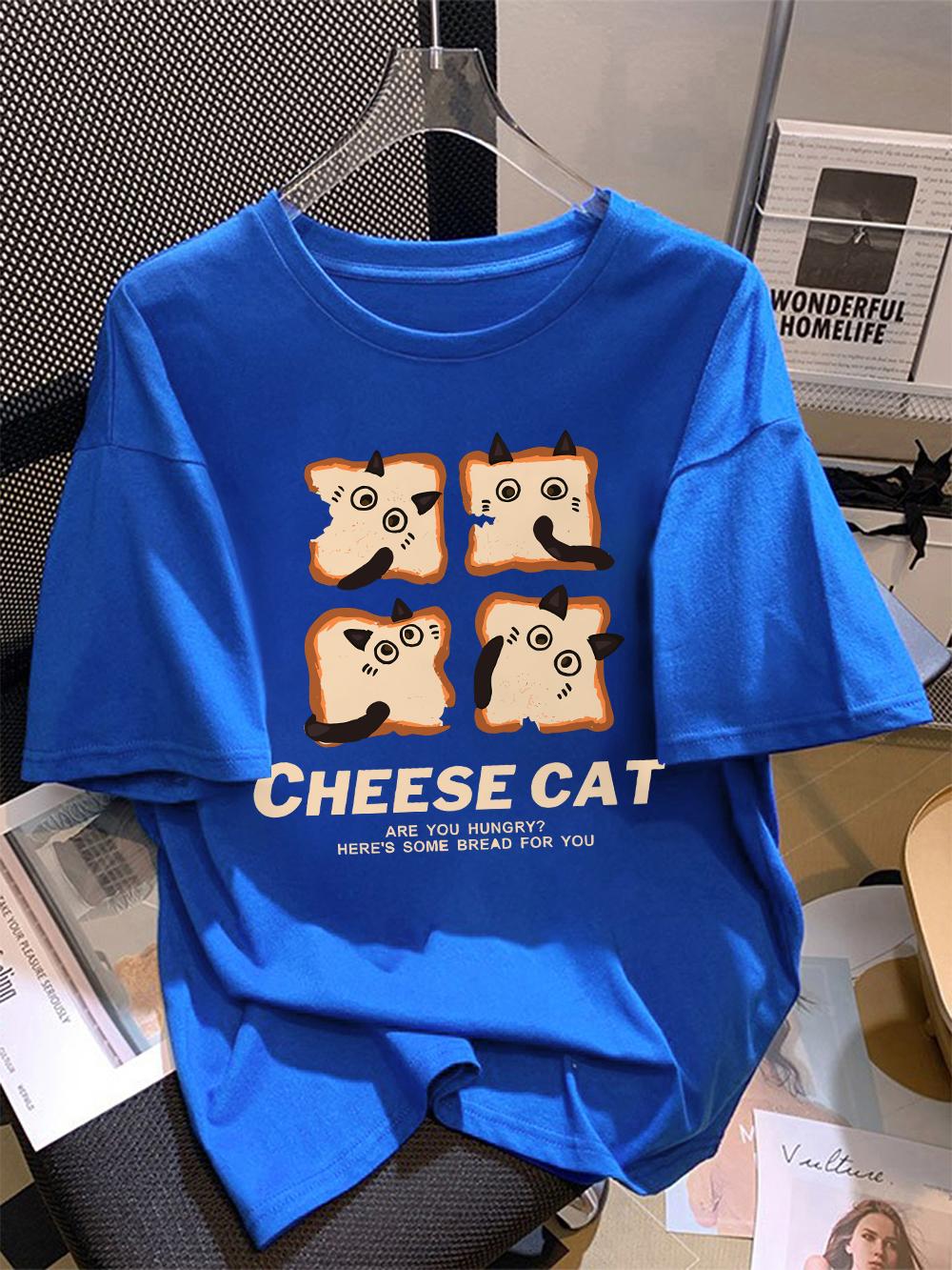 

100% Cotton Womens T-Shirts Summer Cute Cheese Bread Cat Prints Short Sleeve Soft Loose O-Neck Tops Holiday Casual Woman Clothes S