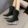 Fashion Printed Mid Calf Boots Women 2025 Autumn Platform Wedge High Heel Booties Fashion Women's Shoes Rhinestone Round Toe Short Botas