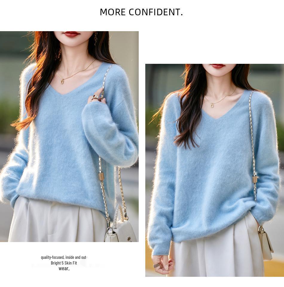 Autumn & Winter 100% Pure Wool V-Neck Loose Women's Knitted Sweater