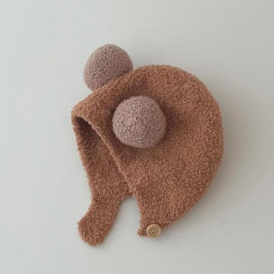 Children Hat with Bear Ear Design Solid Color Button Closure Elastic Breathable Winter Cap Cold Weather Accessory