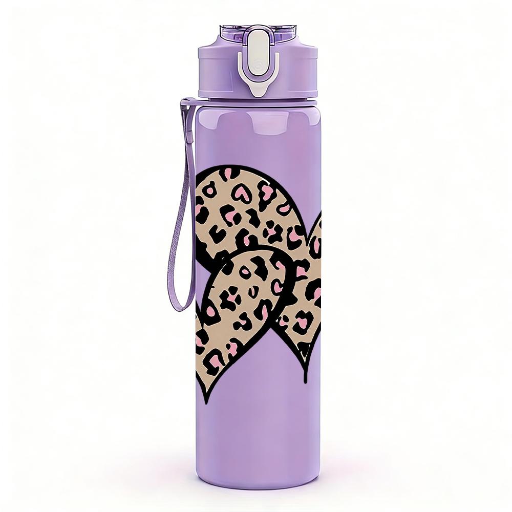 1PC Double Leopard Print Heart 750ml Color Plastic Sports Water Bottle Leakproof Flip Straw Lid Suitable for Sports Office Home Use