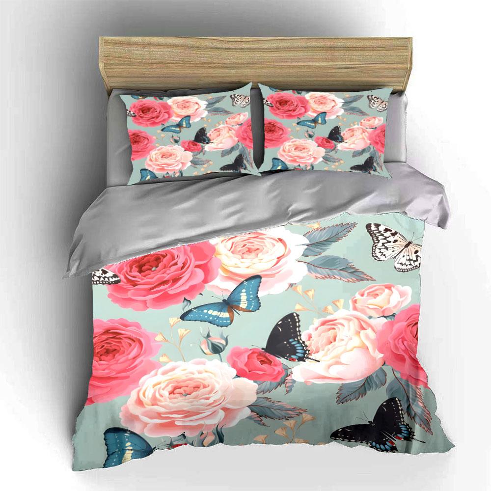 Romantic Butterflies And Roses Bedding Set For Kids Luxury Gift 3Pcs Digital Print Comforter Set Soft Comfortable Breathable