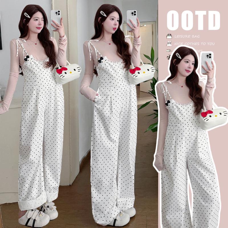 Spring Maternity Set: Korean Style Polka Dot Denim Overalls with Pink Base Layer Top M