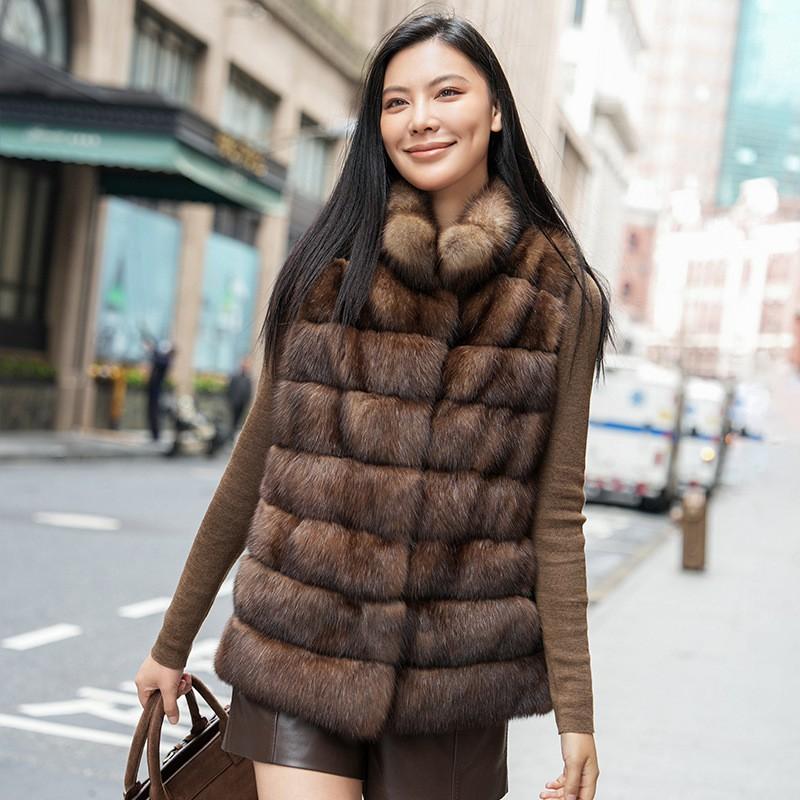 Womens Faux Fur Vest Coat Mid-Length Stand Collar Elegant Outerwear