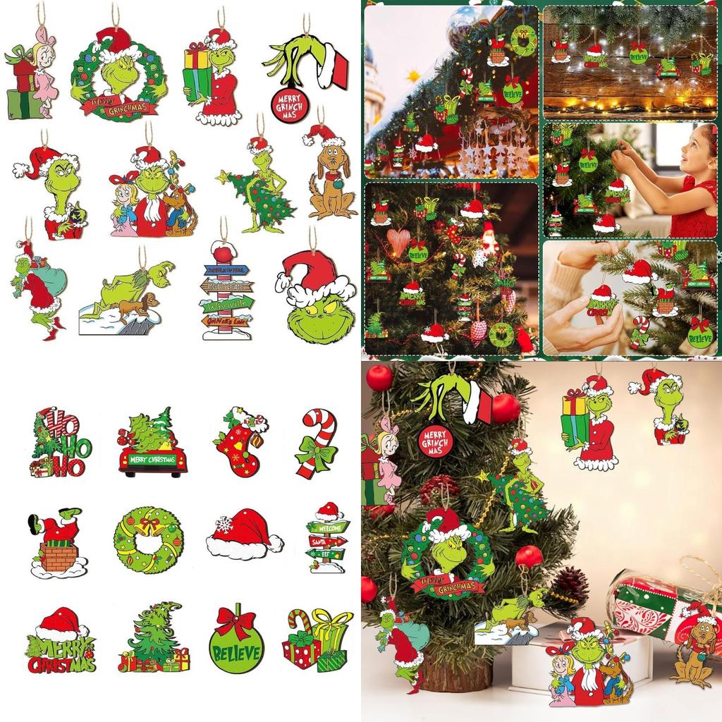 Green Wooden Christmas Tree Ornaments Set For Festive Home And Office Decor