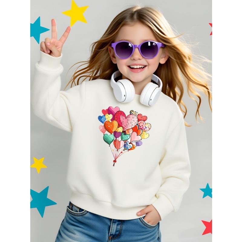 European Sizes Heart Balloons Colorful Pattern Love Design Girls' Crew Neck Sweatshirt, Western Top, Long Sleeved, Casual for Little Girls.