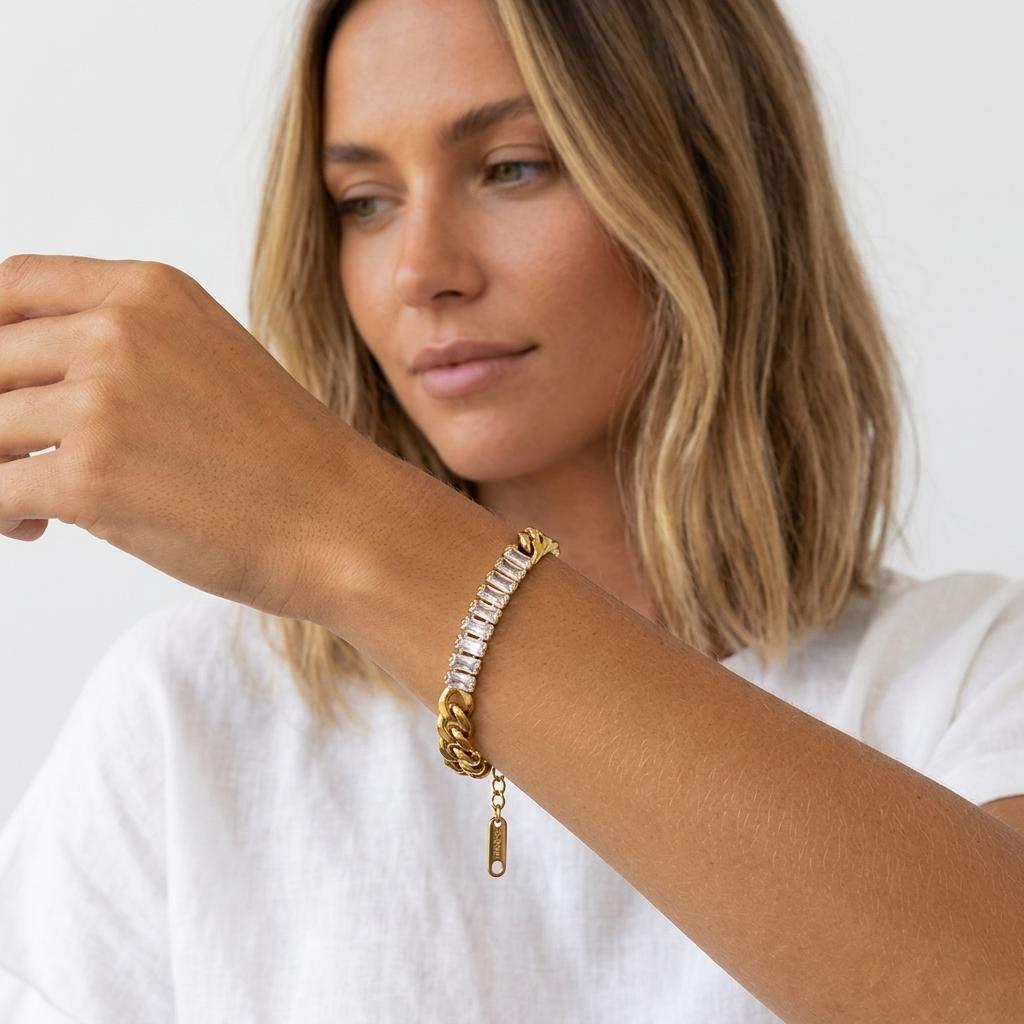 18K Gold PVD 316L Stainless Steel Waterproof Non-Tarnish Zircon Beach Jewelry Necklace Bracelet Factory Direct
