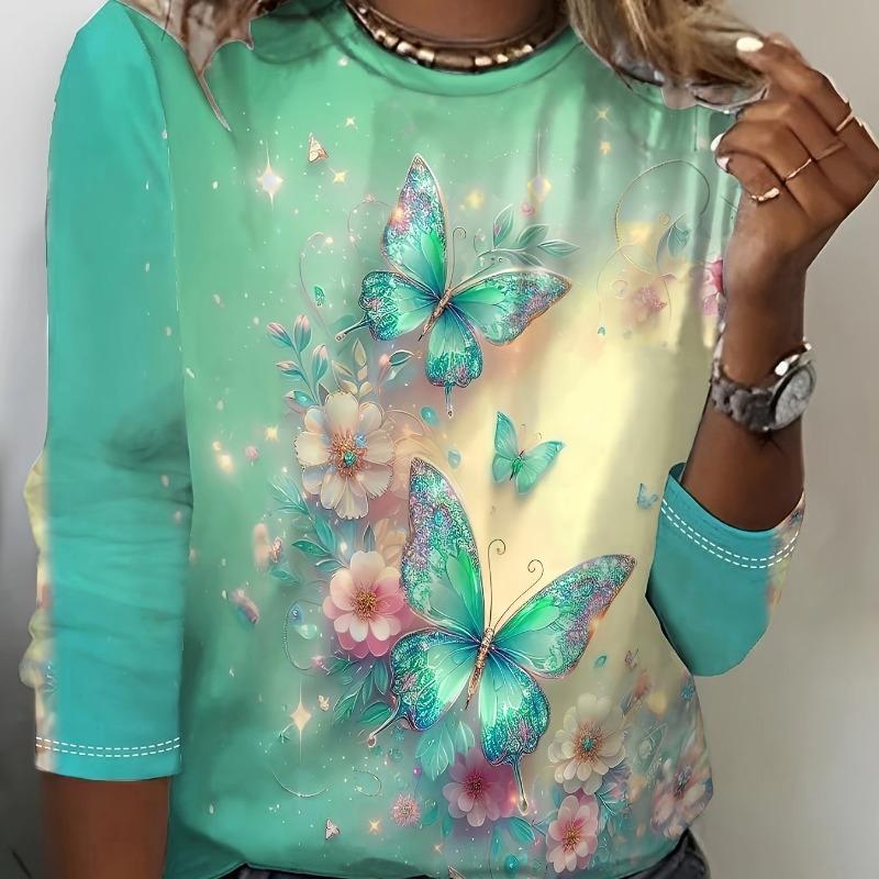 Women's Long Sleeve Colorful Butterfly Pattern T Shirts Tops 2024 Autumn New Fashion  Women's Top Harajuku Fun Pullover Clothing