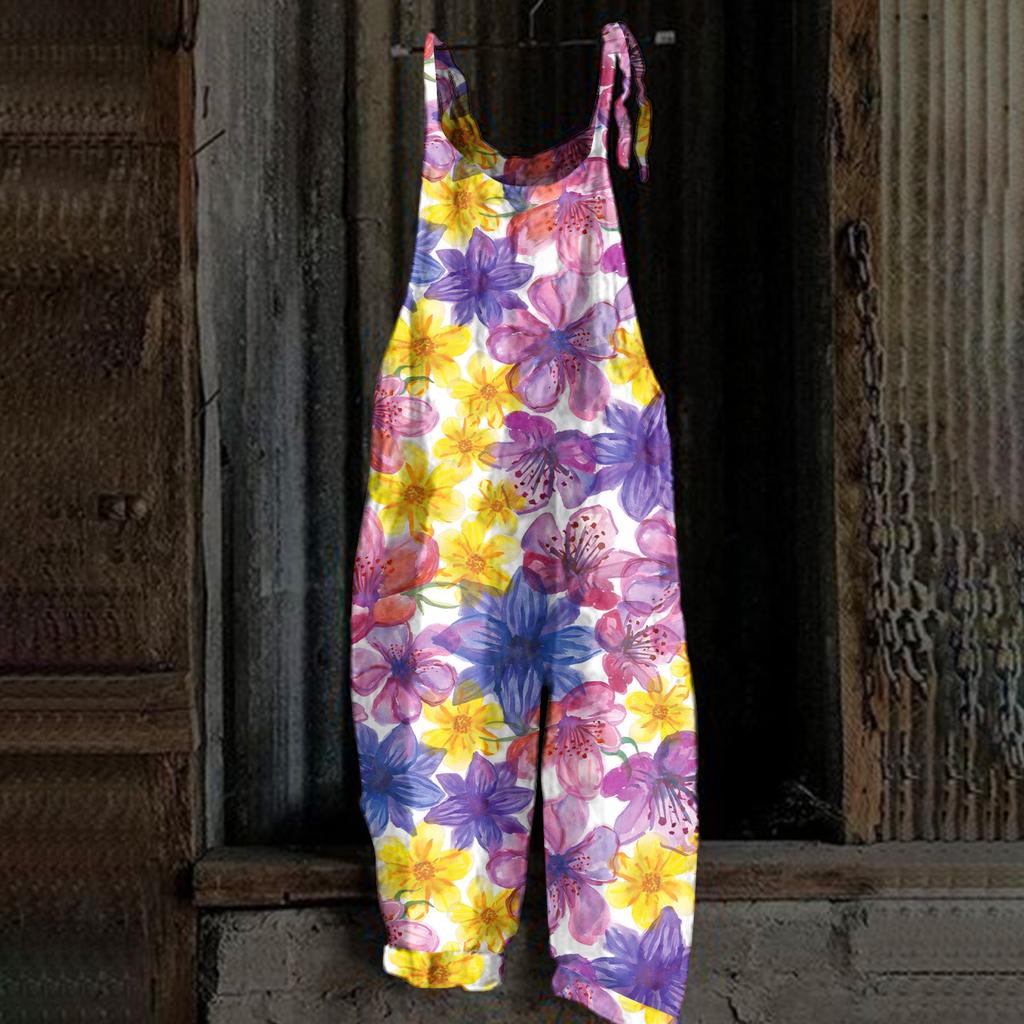 Kombinezon damski z nadrukiem, luźny, w stylu vintage, na ramiączkach, z bawełny i lnu