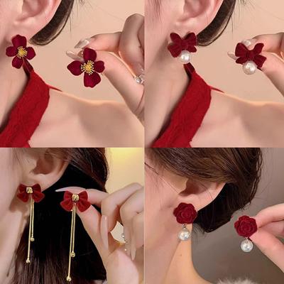 Vintage Red Flocking Earrings Collection Bow Knot Earstuds Vintage Style Earrings Jewelry Gift