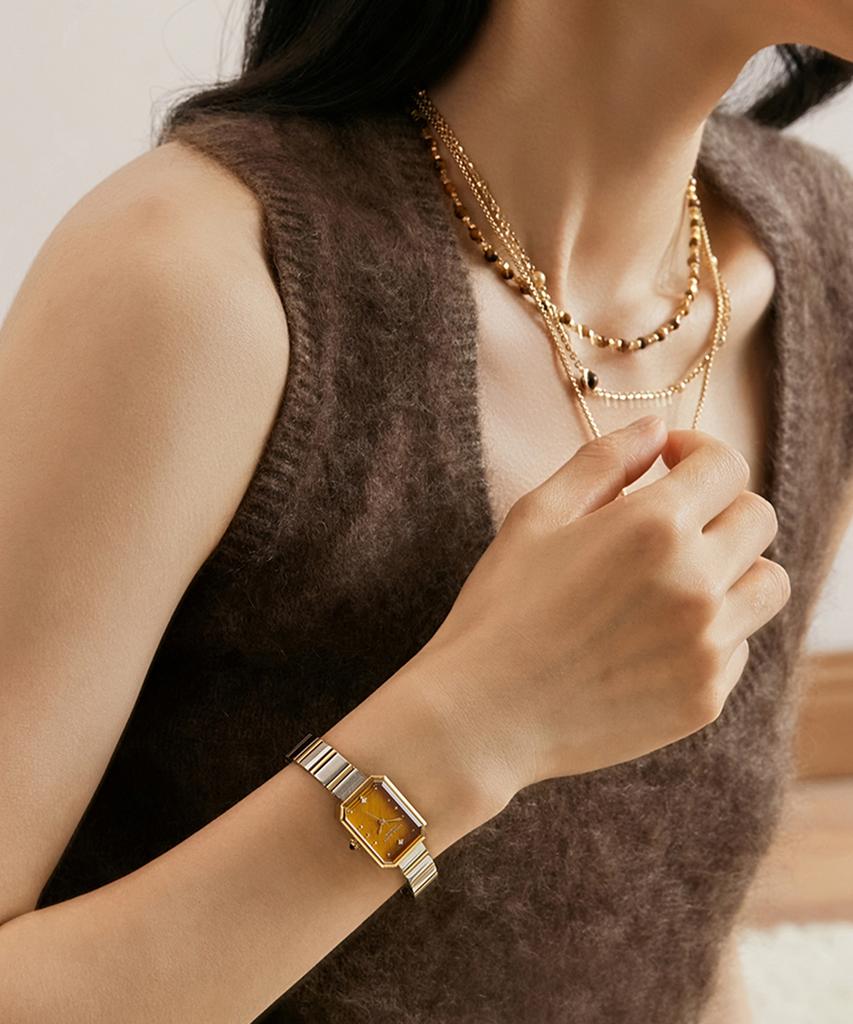 Lollalojeu Ms. Lola Tiger'S Eye Brown Metal Watch Leather Strap Set