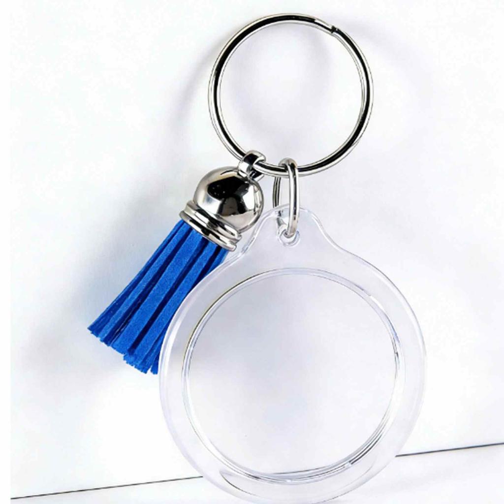 Lot de 50 Porte-clés Cadre Photo Acrylique avec Pompons Fermeture par Pression Insertion Photo Transparent Vide Porte-clés Rond 50 Pièces