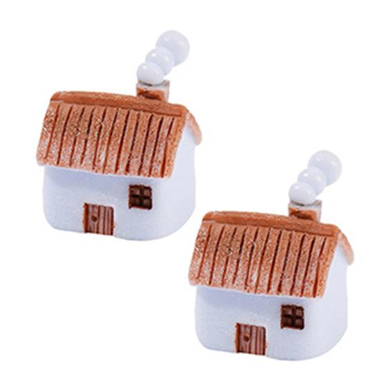 Miniature Resin Houses for Fairy Garden 2Pcs Mini Chimneyed Cottage Figurines, Rural House Building Ornaments DIY Micro Landscape Accessories