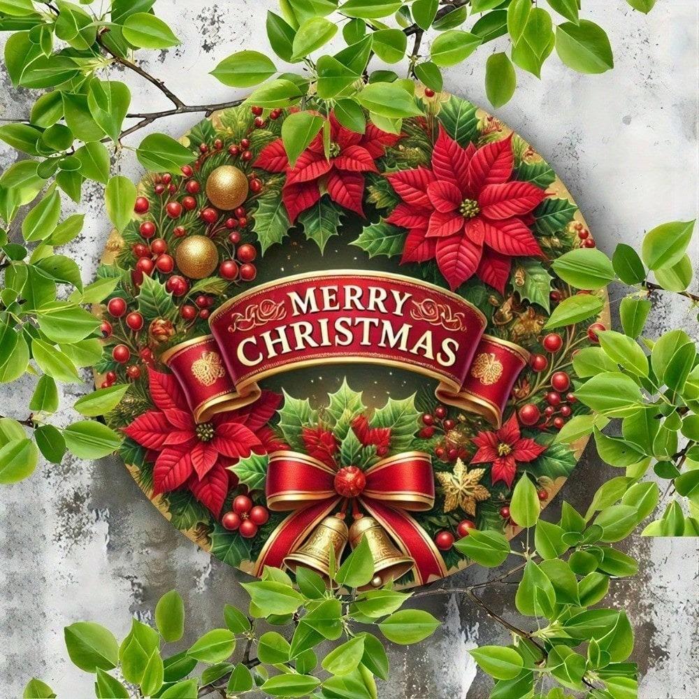 Jinxin Round Metal Christmas Tin Sign 8x8 Inch Poinsettia Wall Decor for Home Kitchen Retro Holiday Art